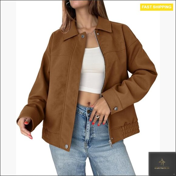 Jackets & Blazers - Faux Suede Motorcycle Jacket Oversized Zip Up Bomber Coat Women's Outerwear